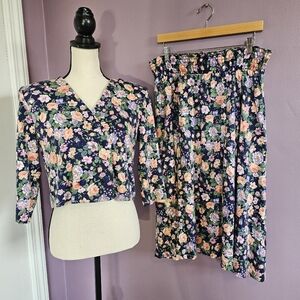 JF II Petites Vintage 80s Floral Buttoned Shoulder Pad Top & Midi Skirt Set
